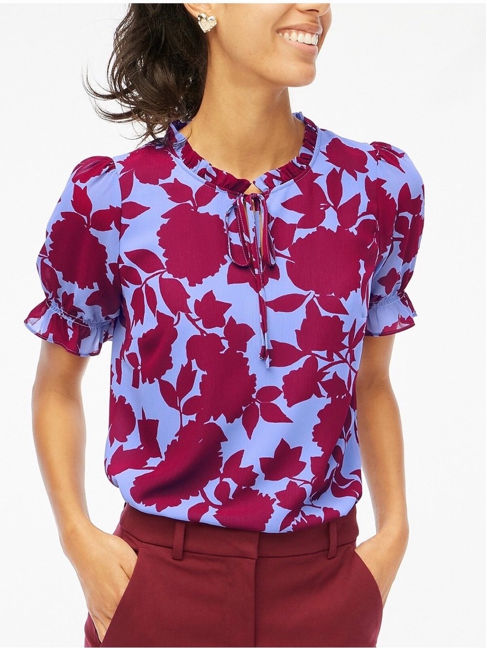 J. Crew Factory Blue & Burgundy Floral Tie-Neck Short Sleeve Blouse